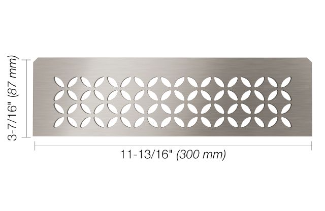 Rectangular stainless steel shelf with floral pattern, designed for tile flooring and home improvement spaces.
