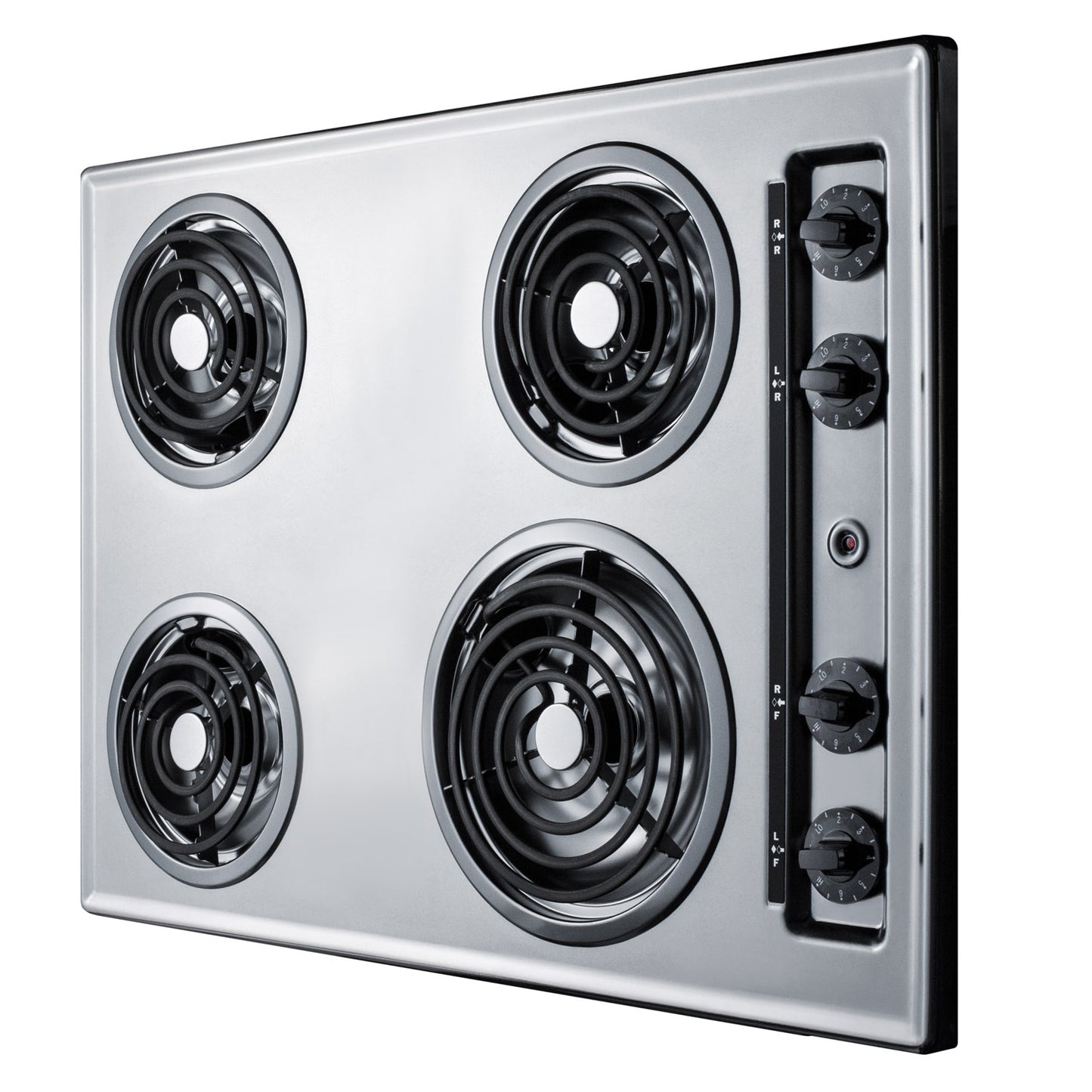 Stainless steel 4-burner coil cooktop with black coil elements and control knobs from kitchen appliances collection