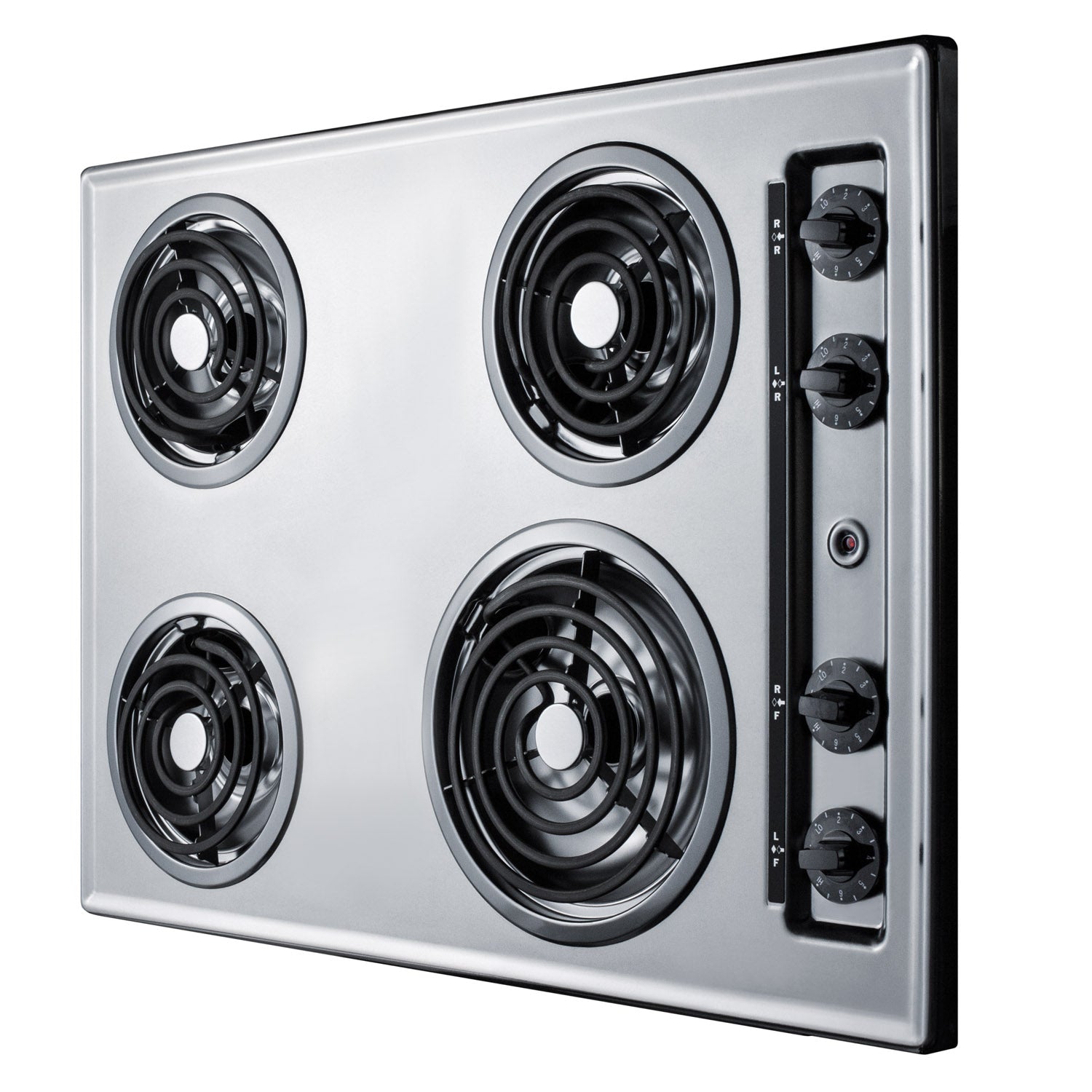 Stainless steel 4-burner coil cooktop with black coil elements and control knobs from kitchen appliances collection