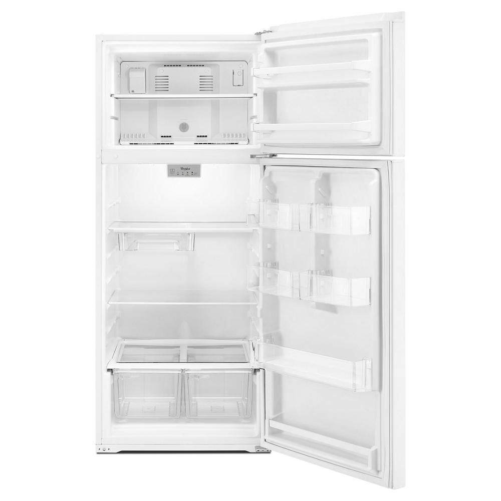 Open 28-inch wide top-freezer refrigerator in white showing adjustable shelves and clear storage bins from Appliances collection