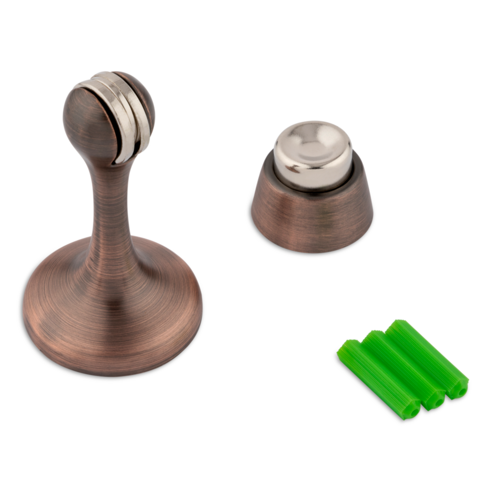 Antique bronze magnetic door stop with catch and green wall anchors for door accessories and home improvement tools