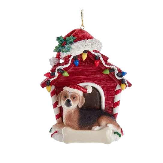 Beagle dog wearing Santa hat lying by red dog house decorated with colorful Christmas lights ornament under $50 collection