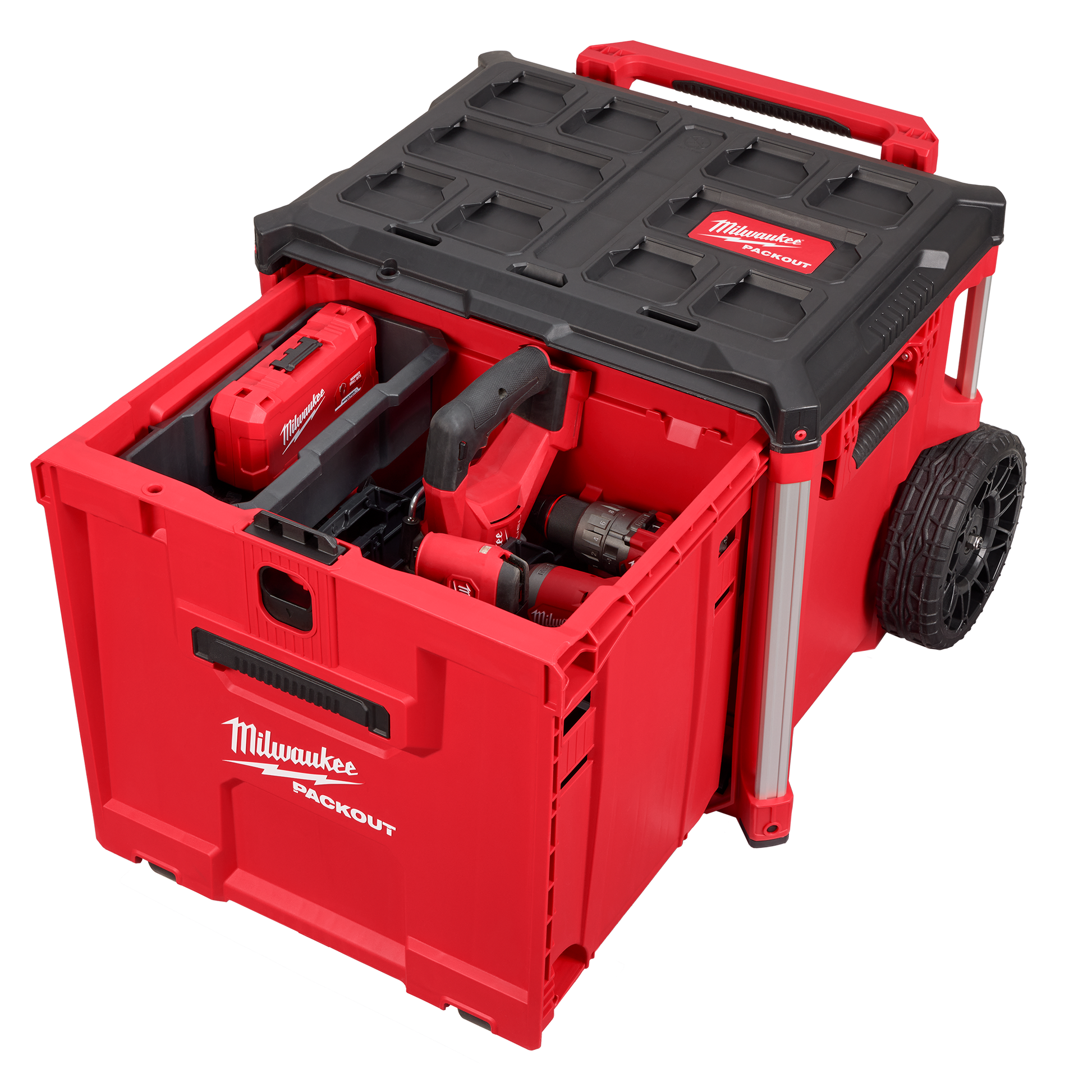 Red Milwaukee PACKOUT™ heavy-duty rolling drawer tool box with large wheels and organized power tools storage