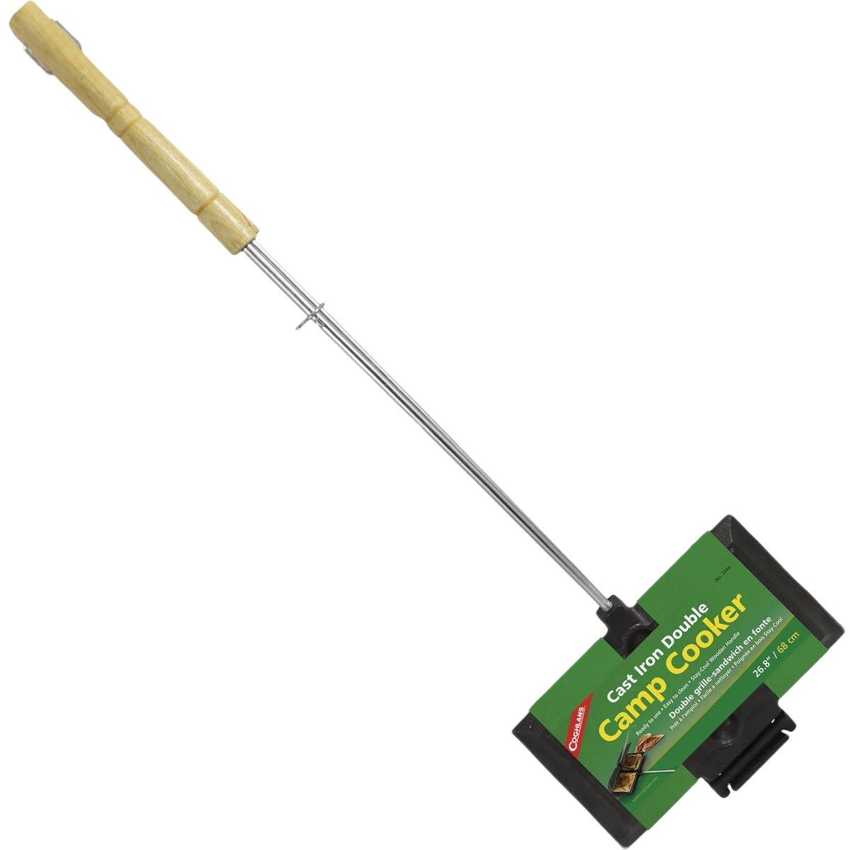 Double cast iron sandwich cooker with wooden handle for campfire cooking and outdoor food preparation