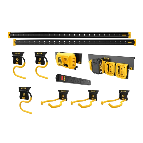Yellow and black modular storage system components for organizing lawn and garden tools in a workshop or garage
