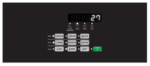 Control panel of black top load washer featuring digital display, cycle, wash, and temperature settings with start button
