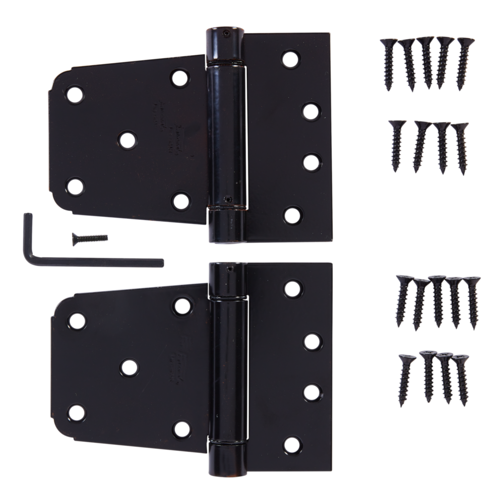 Two black heavy-duty gate hinges with mounting screws and hex key for gate hardware in home improvement under $50
