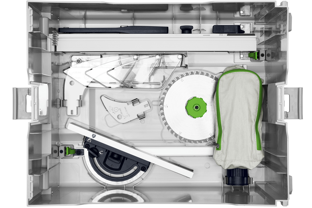 Open Festool SYS 50 organizer with cordless table saw parts and accessories neatly stored inside for easy transport