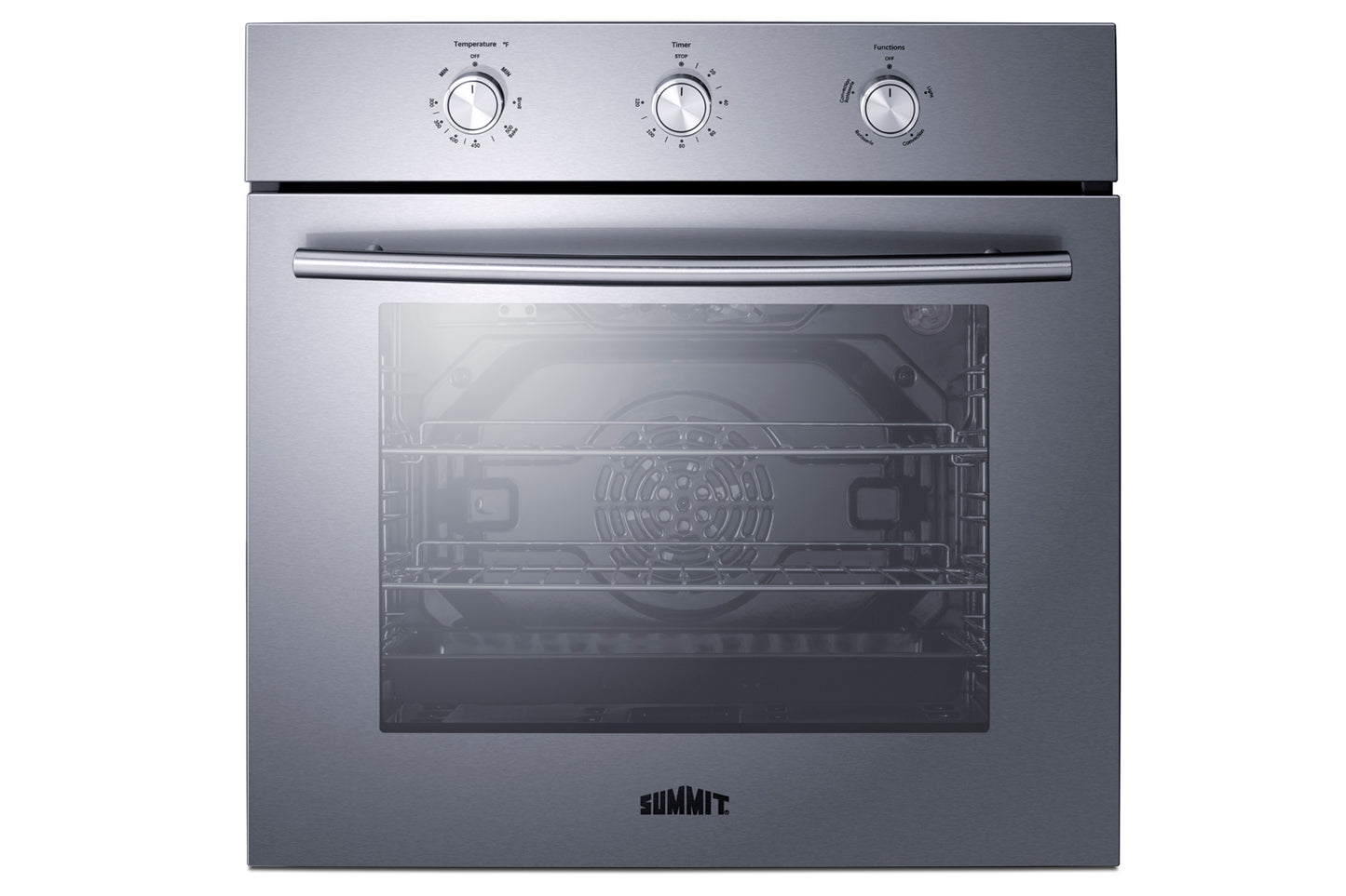 Stainless steel 24-inch LP gas wall oven with three control knobs in modern kitchen appliances collections