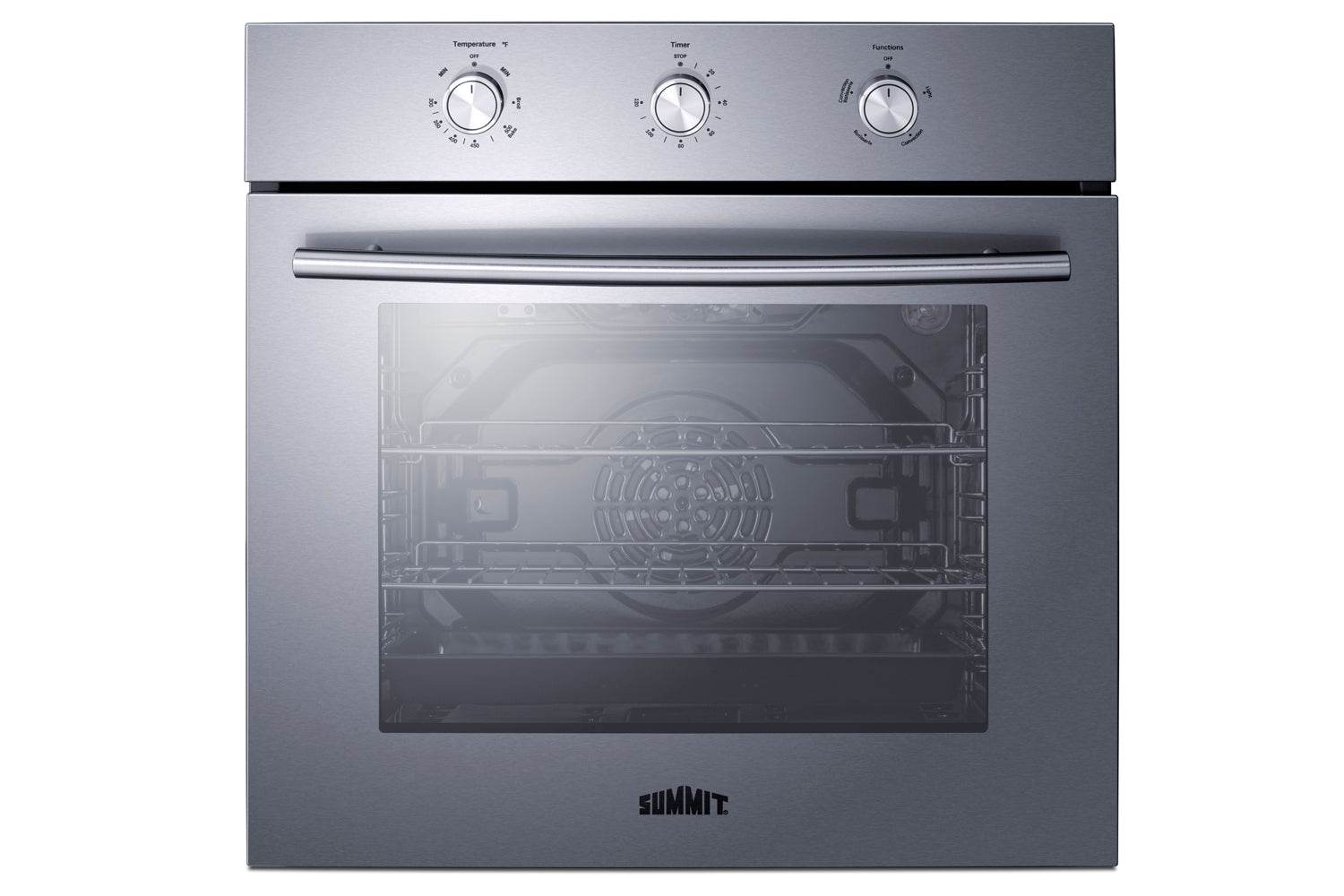 Stainless steel 24-inch LP gas wall oven with three control knobs in modern kitchen appliances collections