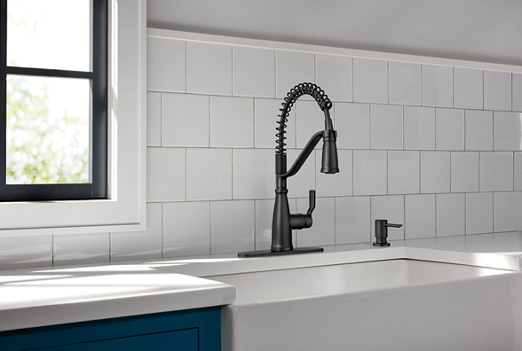 Matte black high arc one-handle pulldown kitchen faucet with soap dispenser in kitchen sink faucets collection