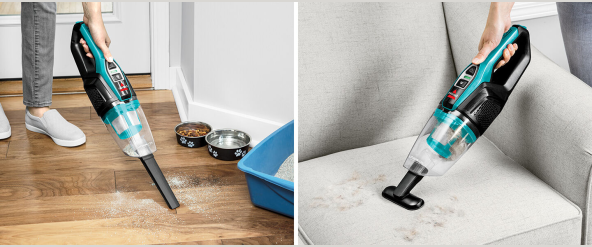Cordless stick vacuum in electric blue being used to clean hardwood floor and fabric upholstery surfaces