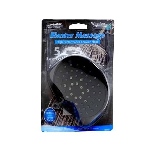 Black high performance Blaster Massage shower head with five spray settings in retail packaging from bathroom faucets collection