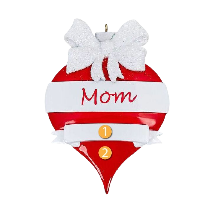 Red teardrop-shaped Christmas ornament with white bow and "Mom" written on ribbon from Christmas Ornaments & Tree Decorations collection