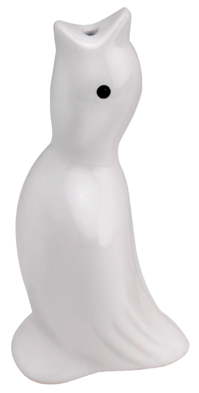 White porcelain pie bird shaped like a stylized owl with a small vent hole for baking steam release
