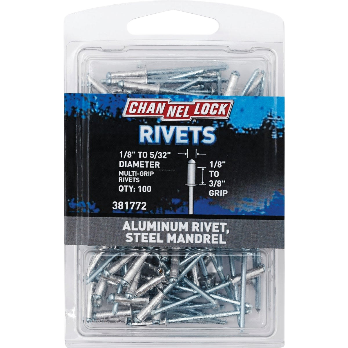 Pack of aluminum rivets with steel mandrels, designed for multi-grip use in tools and home improvement projects