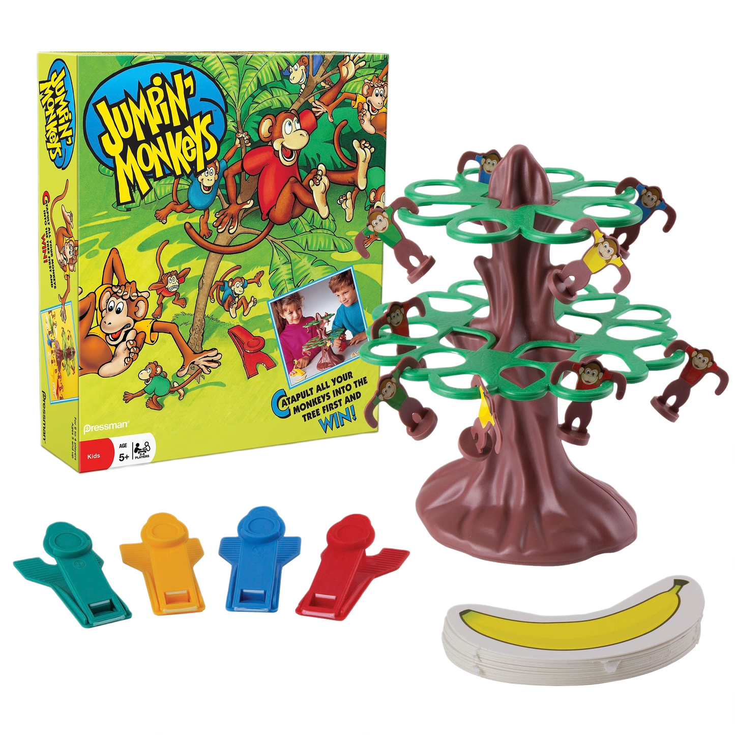 Colorful catapult game with monkeys hanging on a plastic tree, included in toys and board games under $50 collections