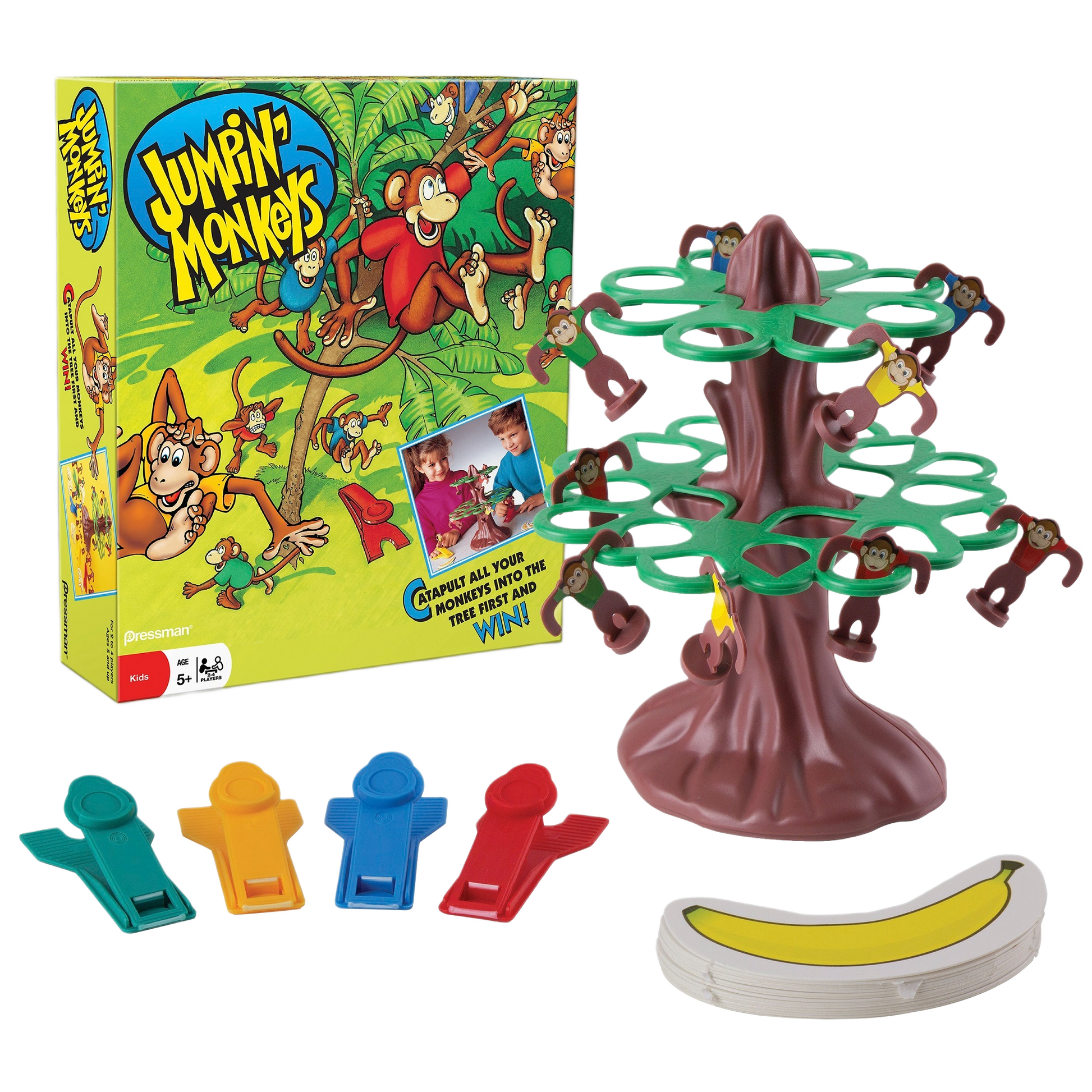 Colorful catapult game with monkeys hanging on a plastic tree, included in toys and board games under $50 collections