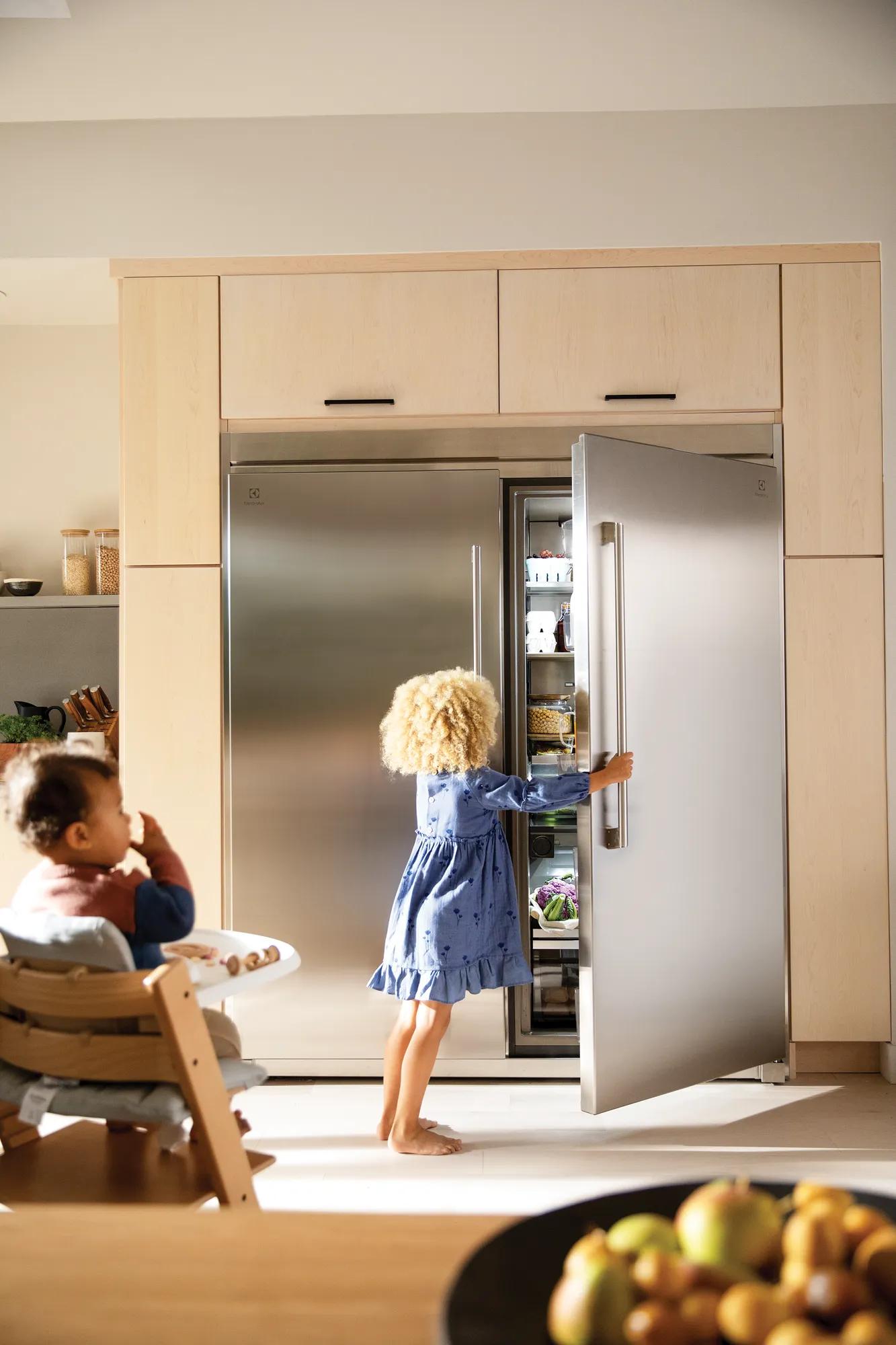 Child in blue dress opening stainless steel freezer door in modern kitchen with light wood cabinetry in Appliances and Freezers collections