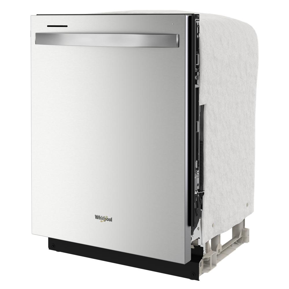 Front and side view of a stainless steel dishwasher with a sleek handle from kitchen and appliances collection