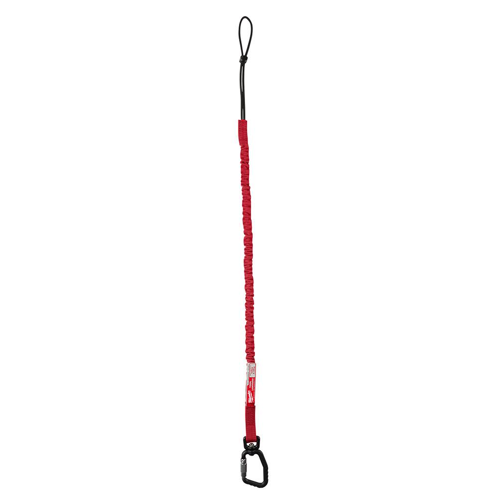 Red tool lanyard with locking carabiner and shock-absorbing design for safety equipment in hardware and PPE collections