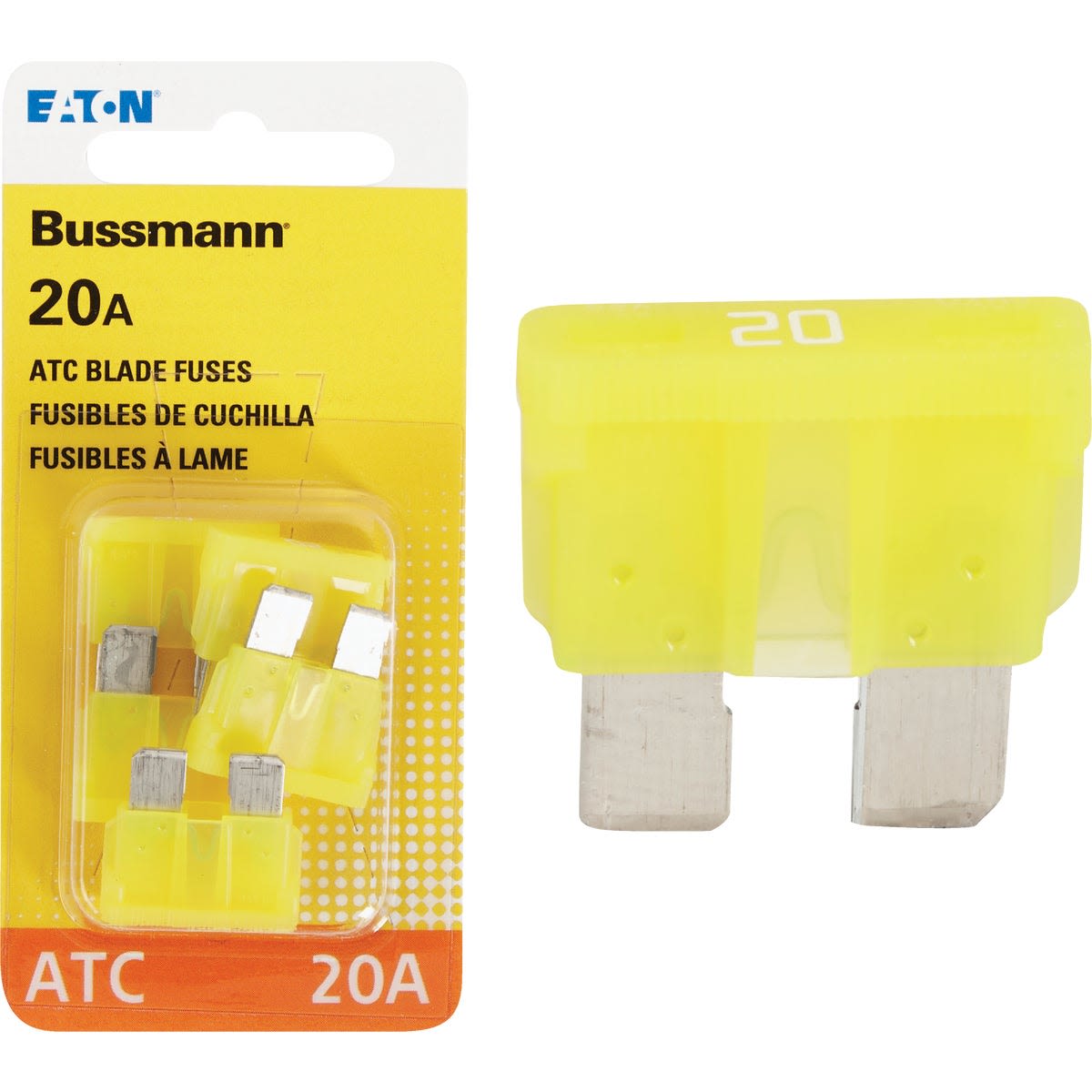 Yellow 20-amp blade automotive fuses in a 4-pack for vehicle electrical protection and home improvement tools use