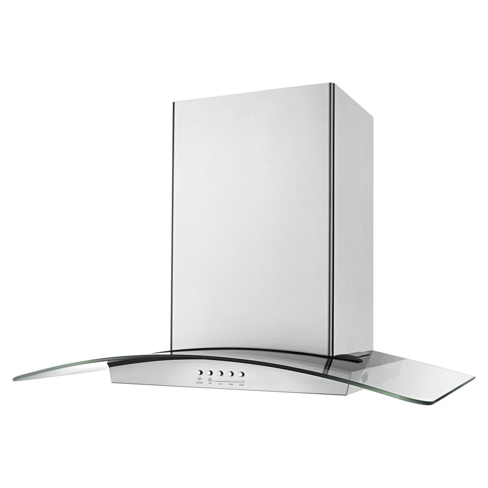 Wall mounted stainless steel range hood with curved glass canopy and push button controls, part of kitchen appliances collection