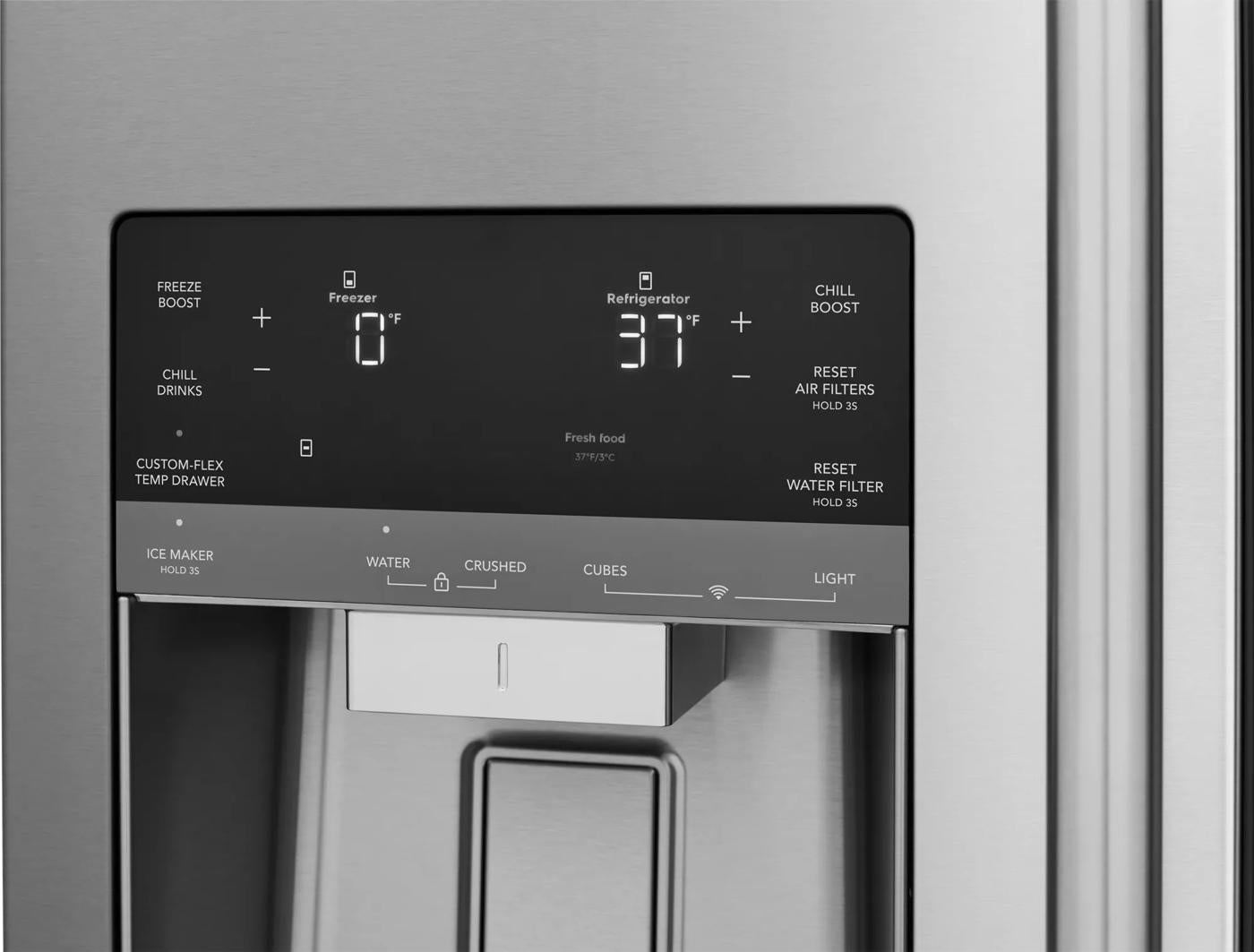 Close-up of a stainless steel refrigerator water and ice dispenser panel with digital temperature controls, for Refrigerators, Kitchen & Kitchenware, Appliances collections.