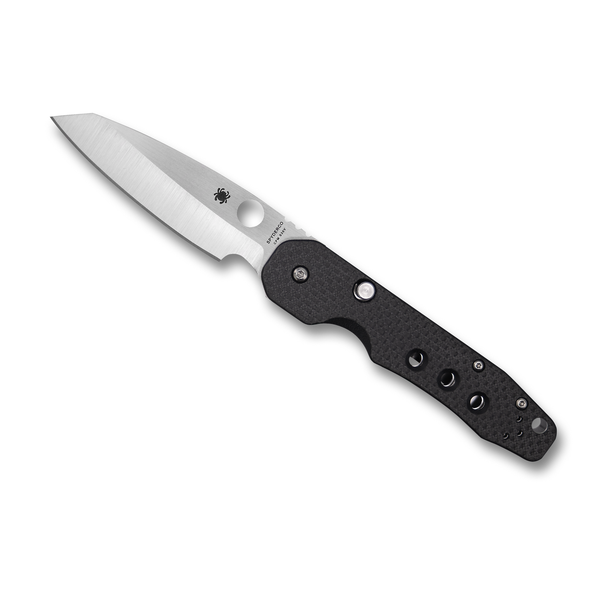 Folding pocket knife with black textured handle and stainless steel blade for cutting and woodworking tools collections