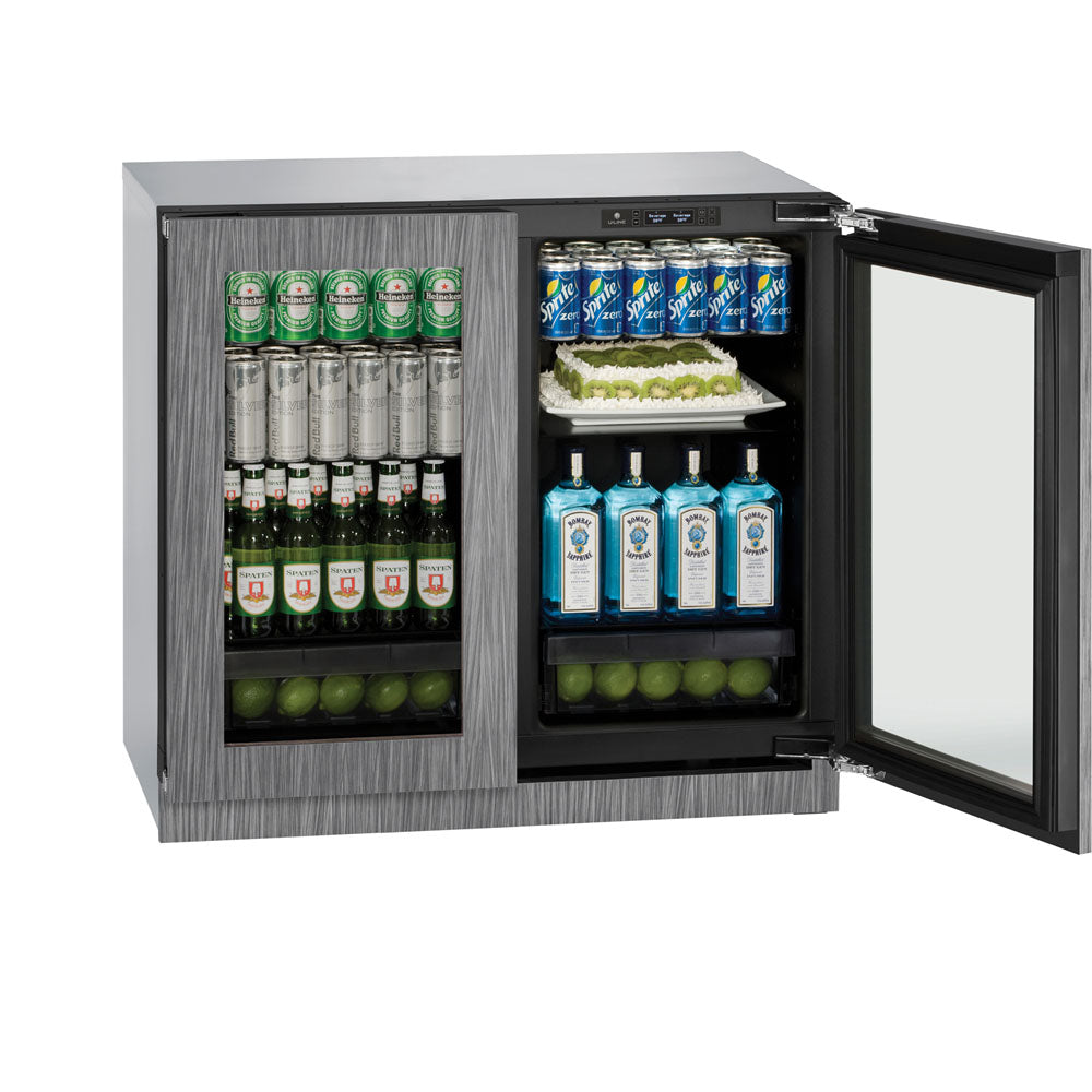 Integrated double glass door refrigerator with overlay frame storing beverages, bottles, and dessert in appliances collection
