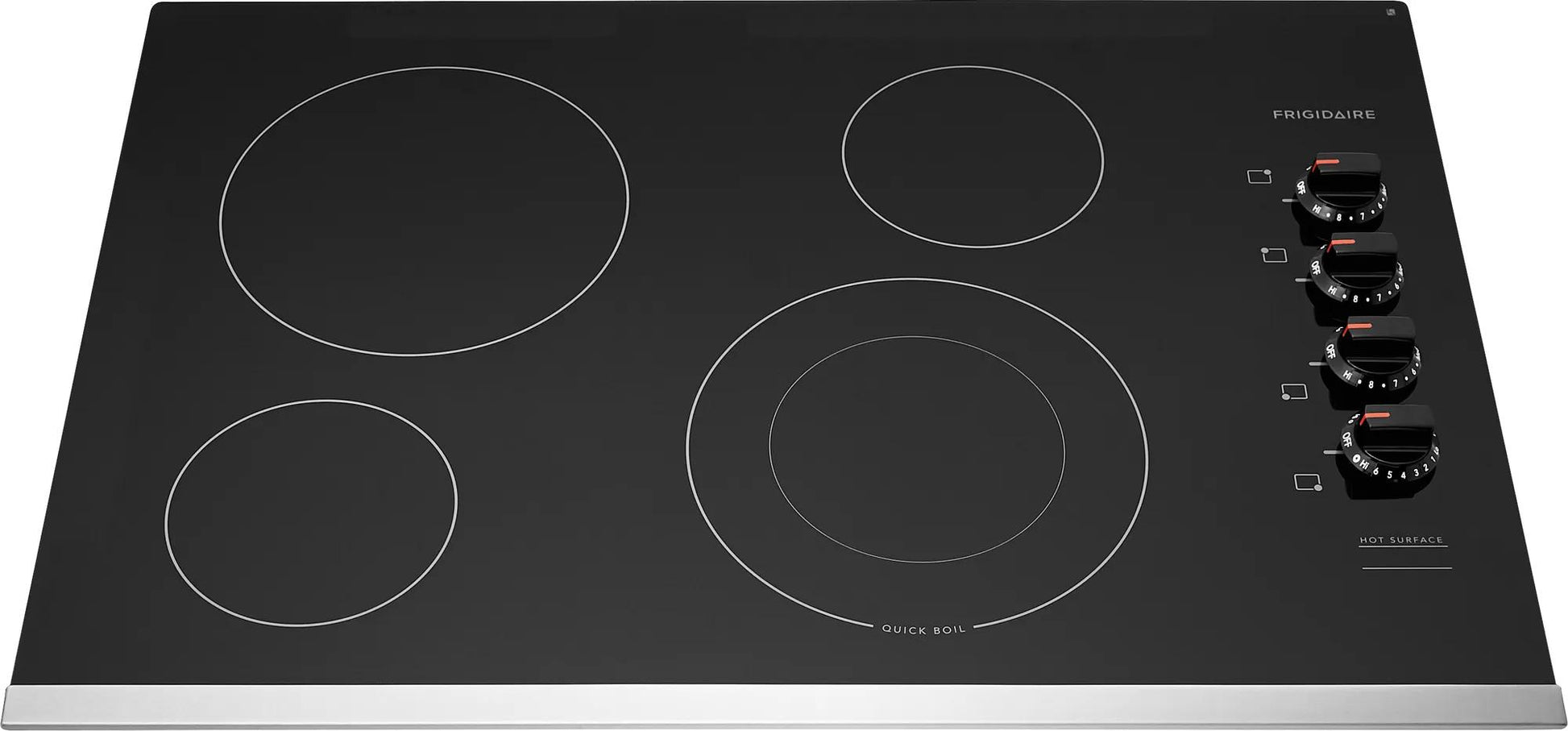 Frigidaire electric cooktop with frameless black glass surface and four heat elements for kitchen appliances