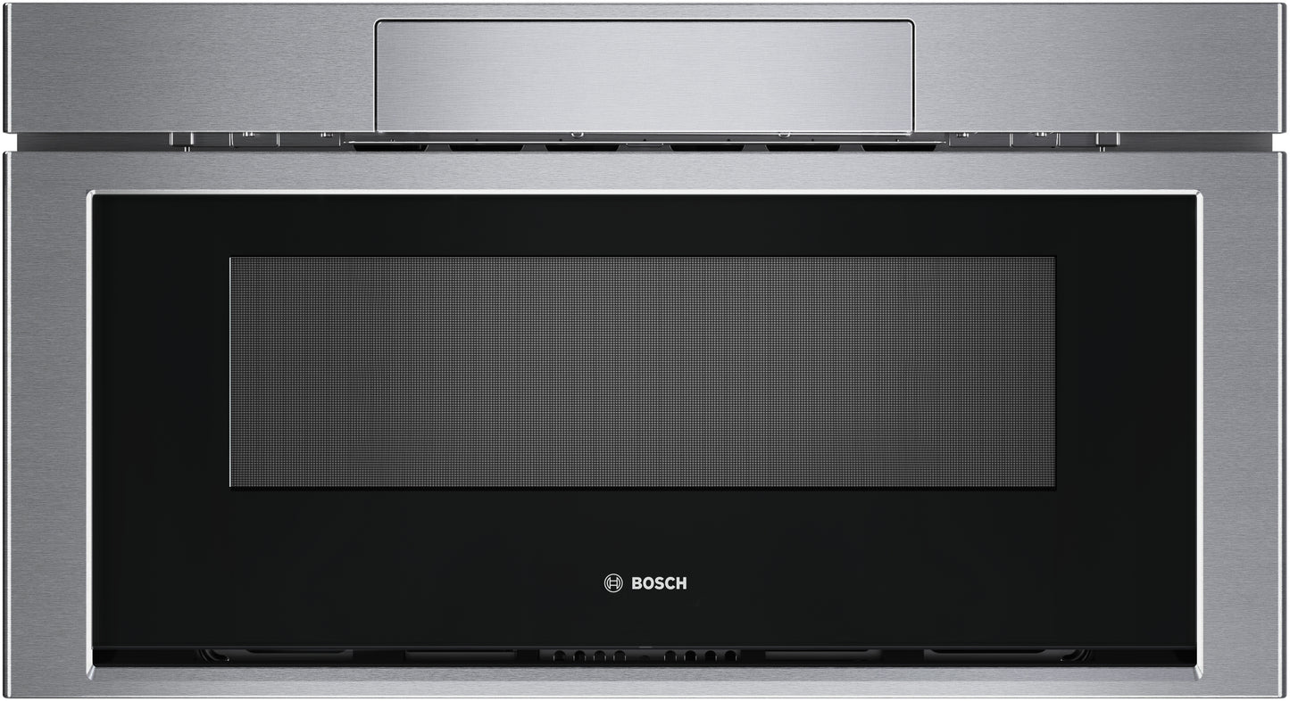 Bosch stainless steel drawer microwave with black glass panel, designed for modern kitchen and appliance collections