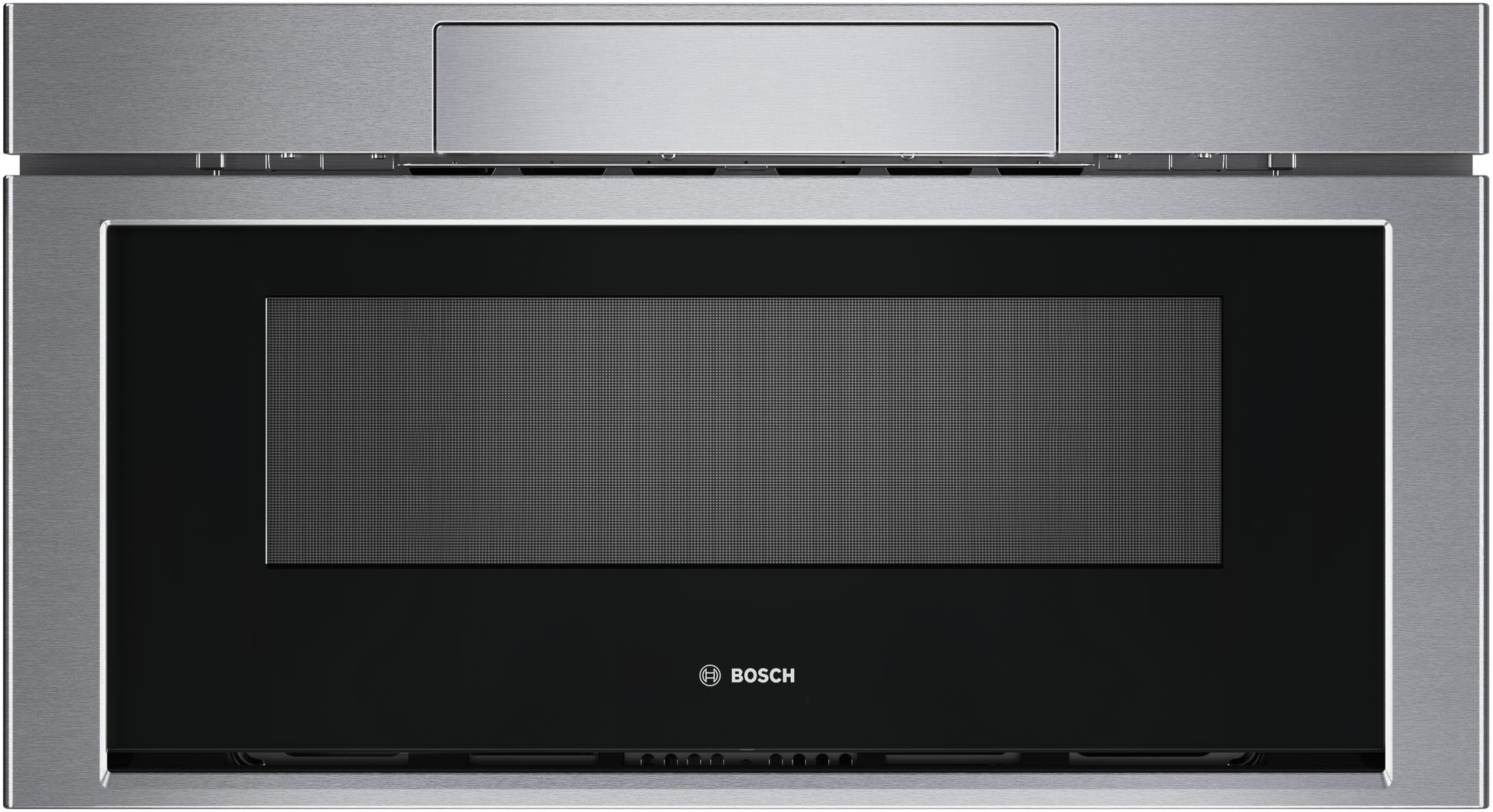 Bosch stainless steel drawer microwave with black glass panel, designed for modern kitchen and appliance collections