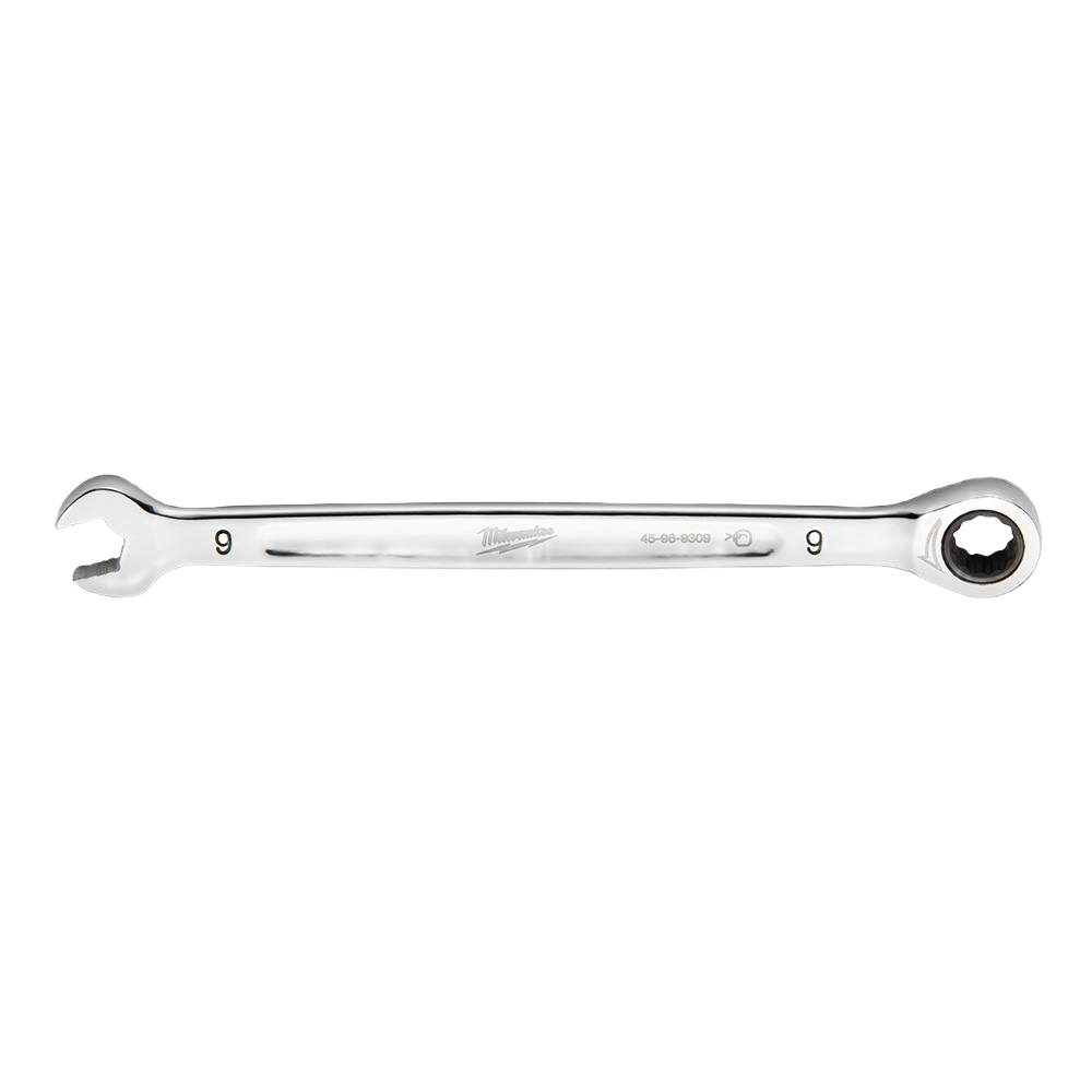Polished 9-mm ratcheting combination wrench with metric sizing for precise tools and home improvement use
