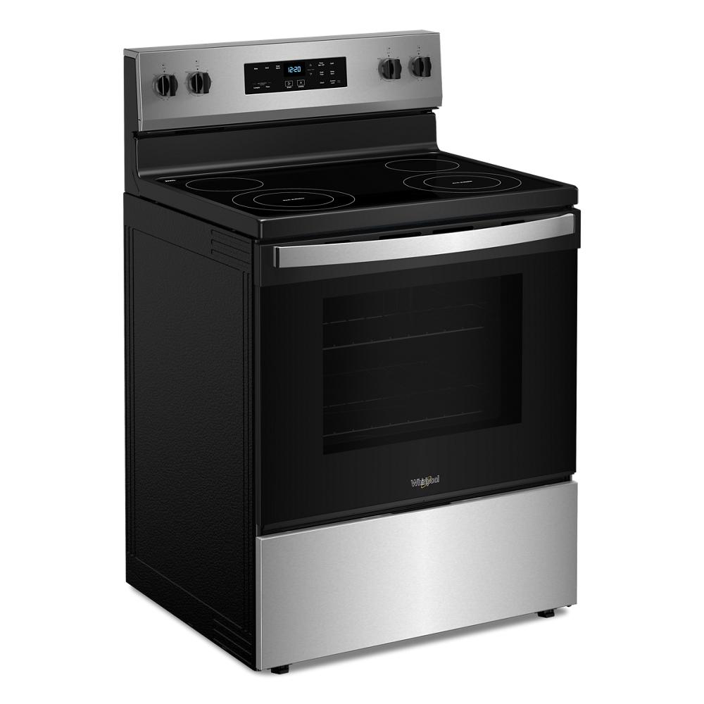 Angled view of a stainless steel and black electric range with smooth cooktop and digital control panel from Ranges collection