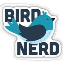 Sticker featuring a stylized blue and black bird with the words "BIRD NERD" in bold uppercase letters