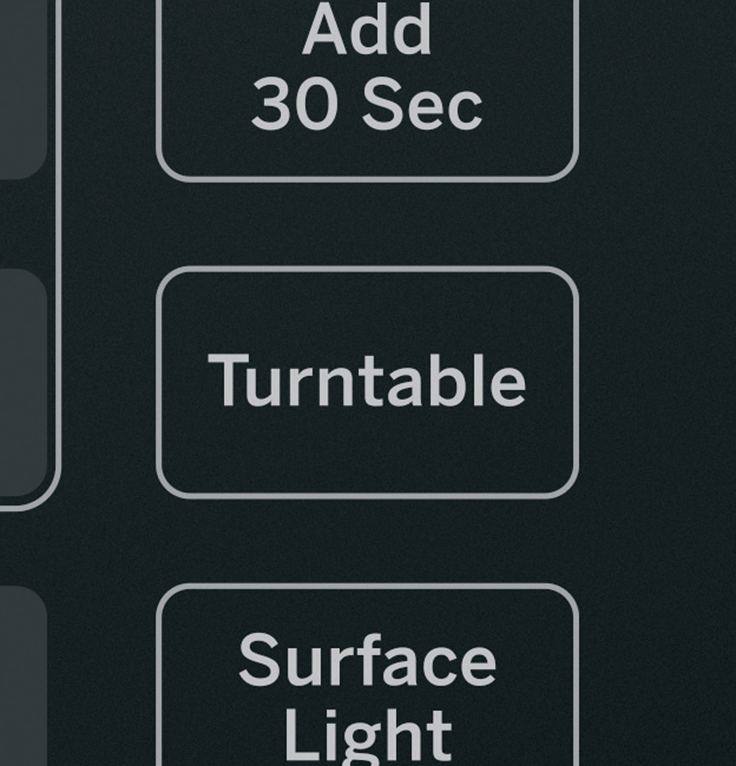 Close-up of digital control panel buttons for add 30 seconds, turntable, and surface light on black microwave panel