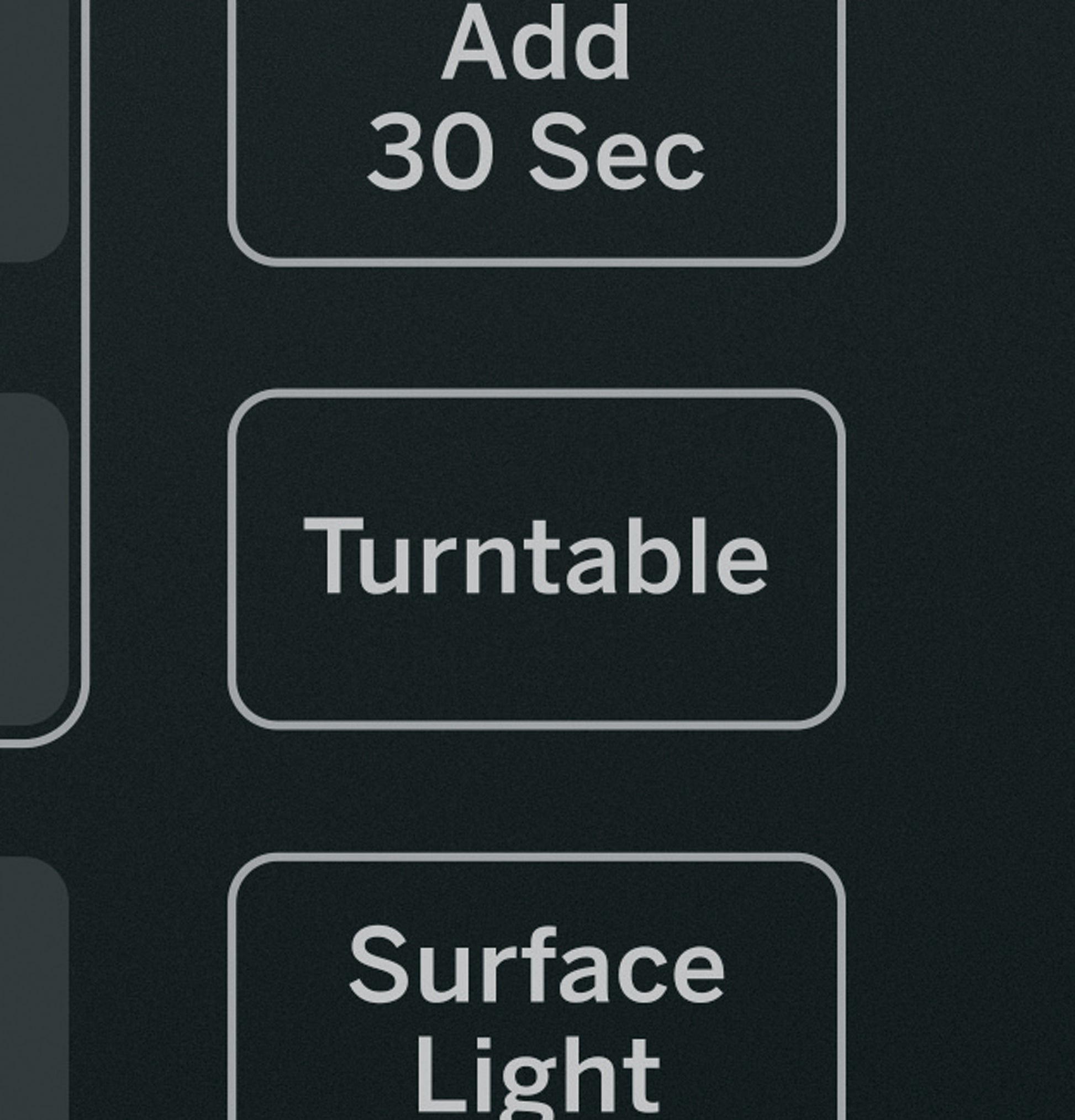 Close-up of digital control panel buttons for add 30 seconds, turntable, and surface light on black microwave panel
