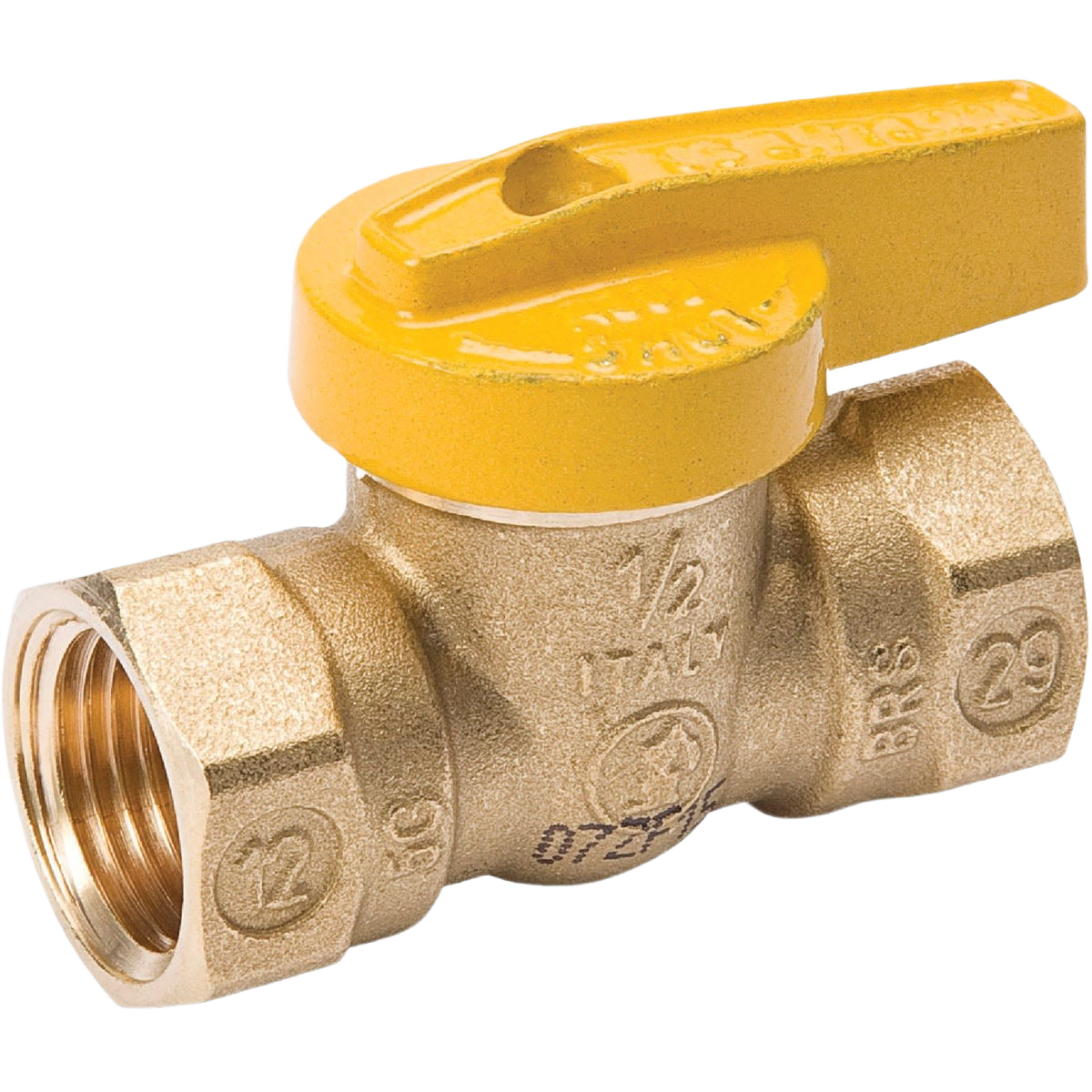 Heavy-duty forged brass gas ball valve with yellow aluminum handle for plumbing and valve collections under $50