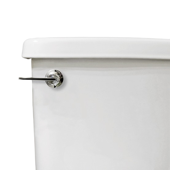 Chrome toilet tank lever handle installed on white toilet tank for plumbing repair and home improvement tasks