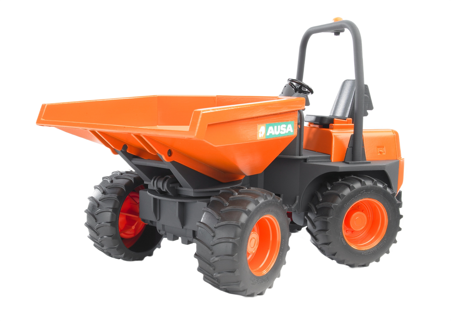Orange and black Bruder Ausa Minidumper toy with large rugged tires designed for construction play and outdoor tasks