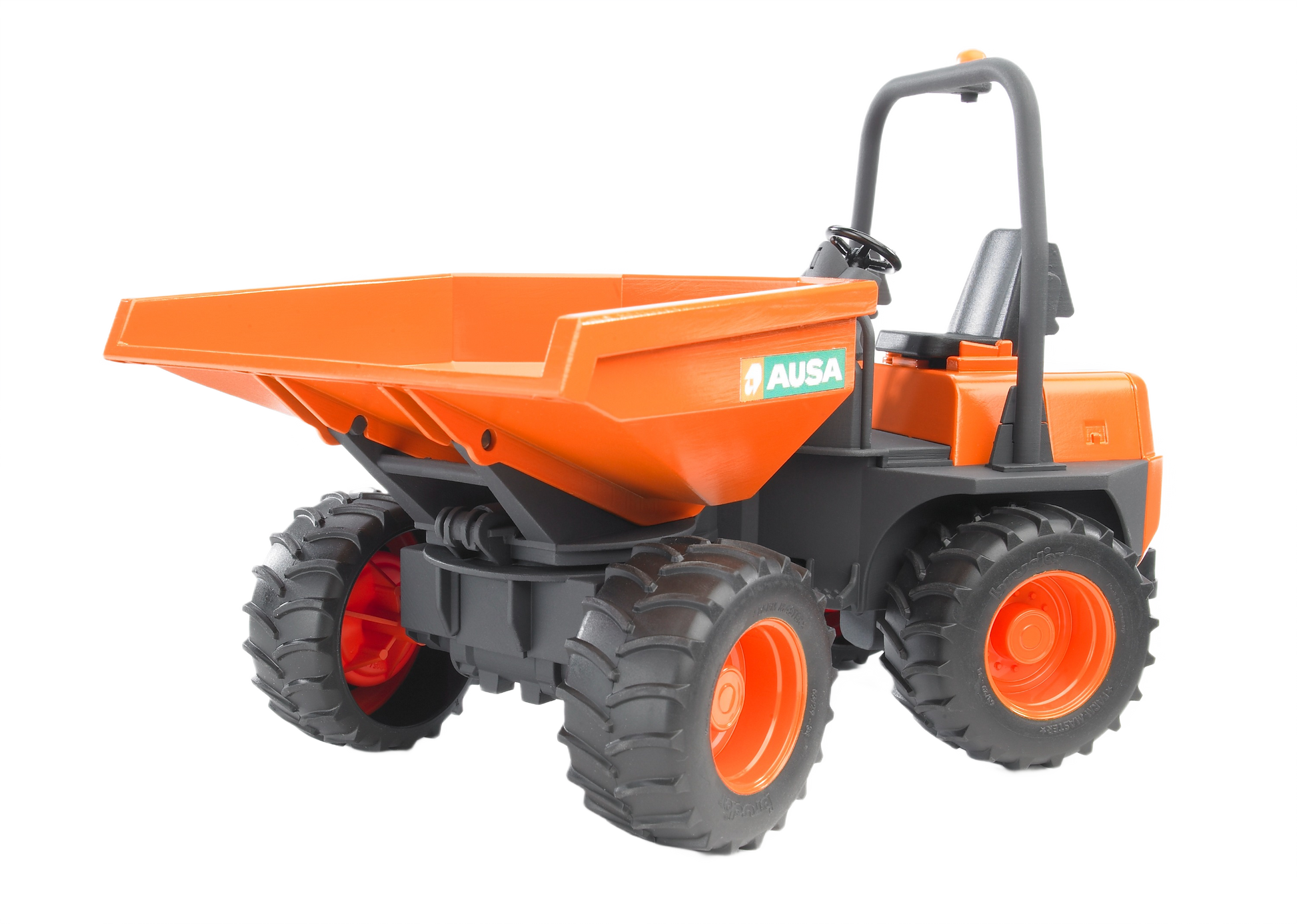 Orange and black Bruder Ausa Minidumper toy with large rugged tires designed for construction play and outdoor tasks