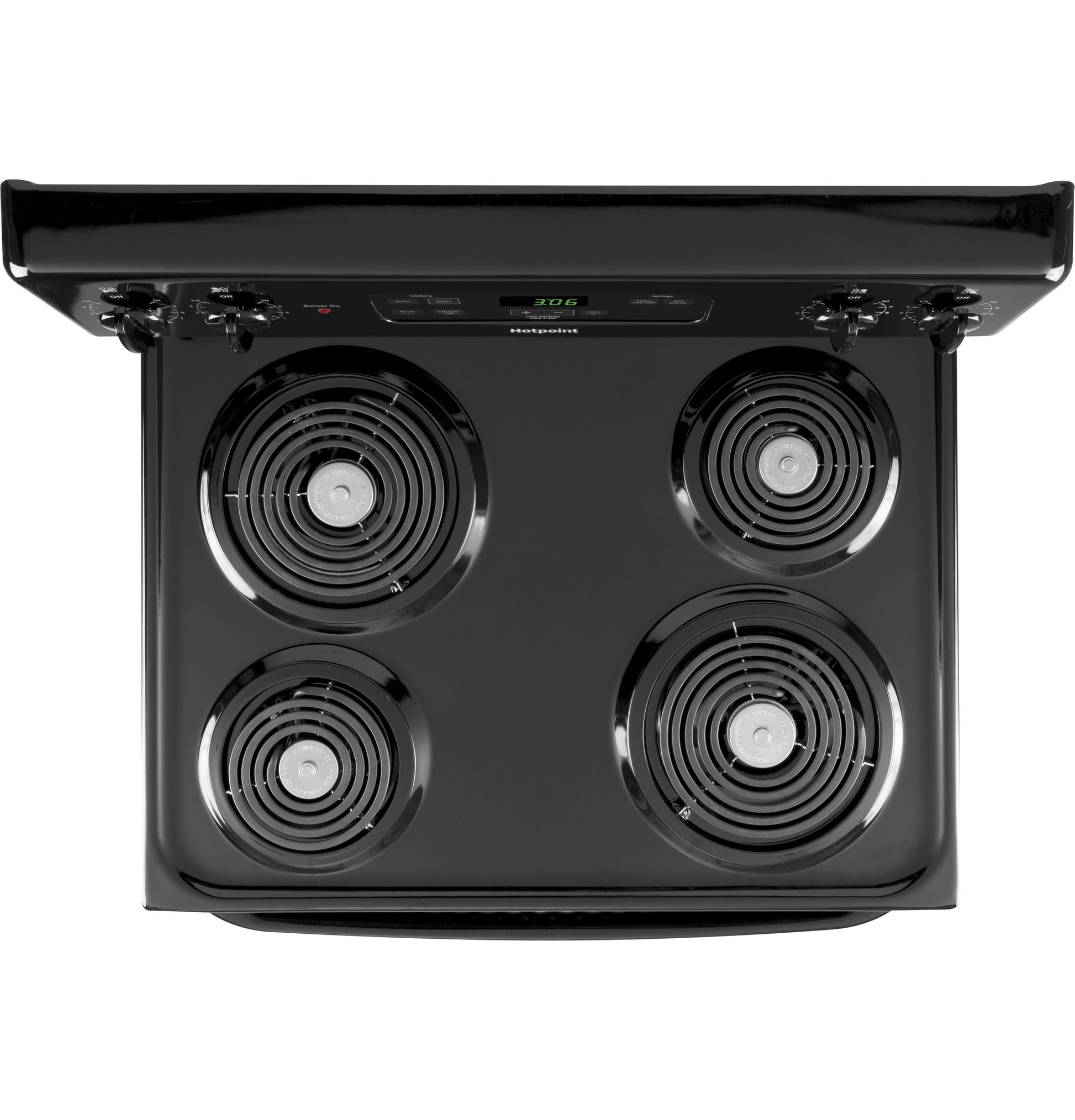 Glossy black electric range top with four coil burners and digital control panel from Electric Ranges collection