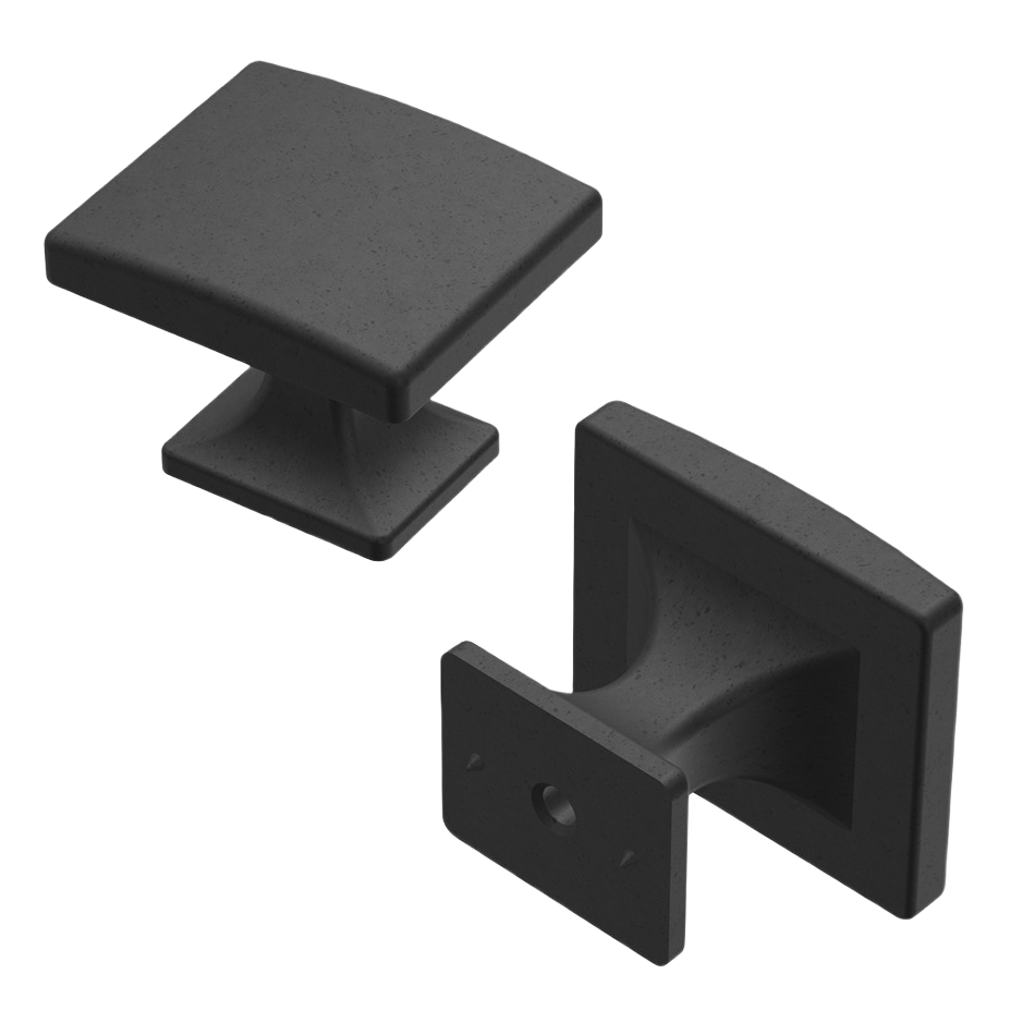 Matte black iron cabinet knob with square top and farmhouse-inspired design for furniture hardware under $50