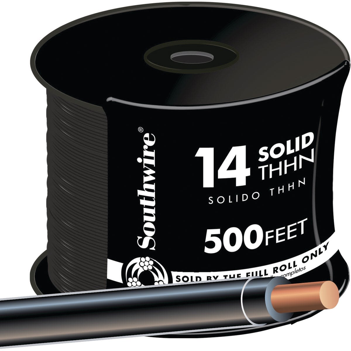 Black solid 14 AWG THHN wire spool for electrical wiring in tools and home improvement projects