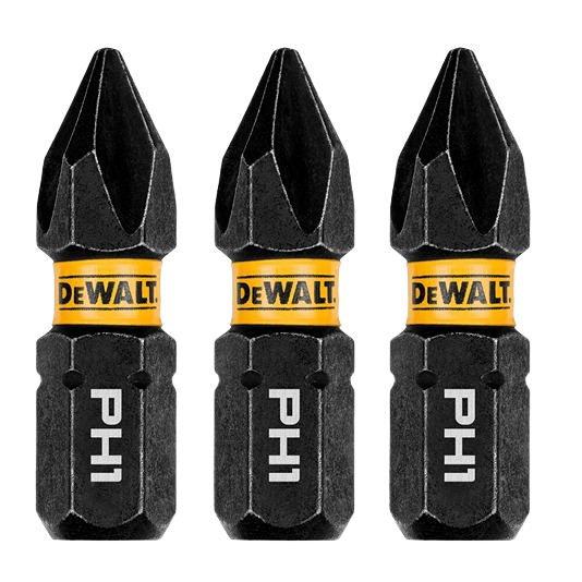 Three black and yellow DEWALT PH1 impact screwdriver bits for power tool accessories and home improvement collections under $50