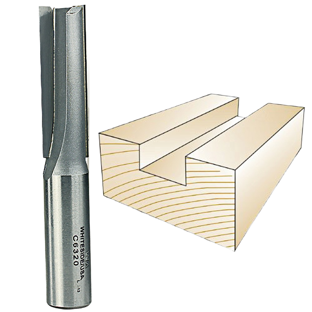 Whiteside CNC straight router bit next to wood piece with a clean, precise groove cut for tool accessory use