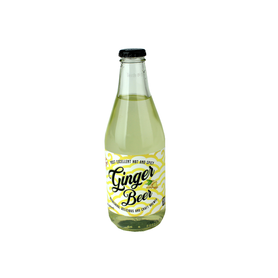 Clear glass bottle of ginger beer soda with yellow and white label from the Drinks and Food & Beverage collections