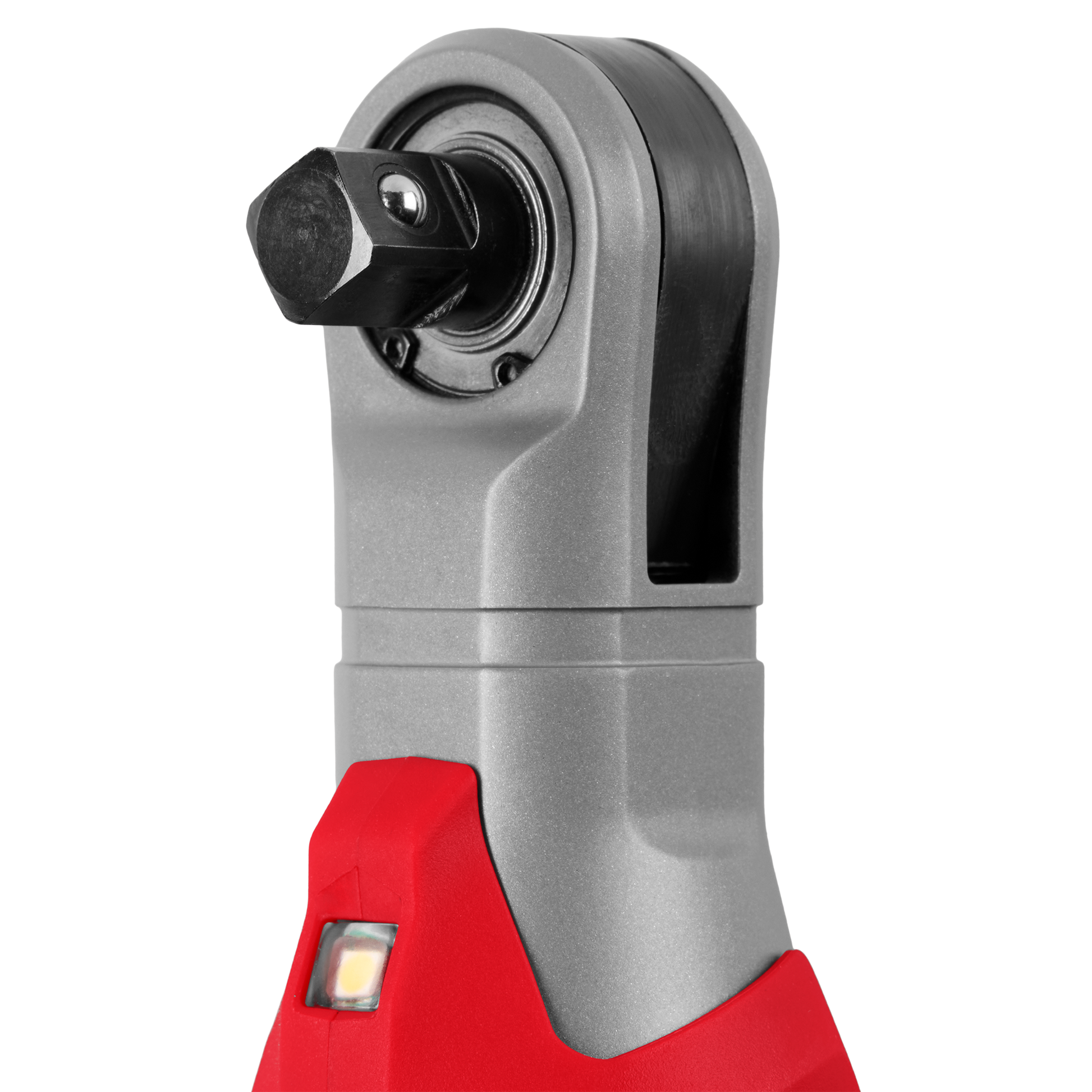 Close-up of the metal drive head and integrated LED light on a cordless ratchet with red and gray housing, part of Milwaukee Hand Tools and Sockets & Ratchets collections at Hartville Hardware.