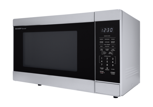 Stainless steel countertop microwave with digital display and control panel, part of kitchen appliances and microwaves collection